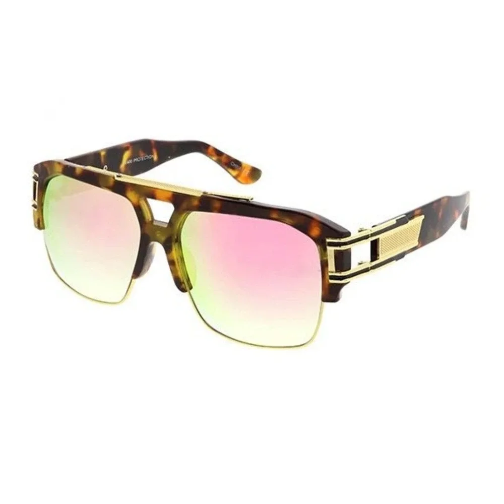 Oversized Square Sunglasses Tortoise Gold Pink Mirror Lens UV400 Flat Top Luxury
